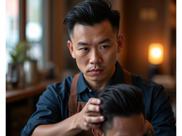 Co-founder Michael Chen, a master barber, meticulously styling a client's hair in a vintage-inspired BarberCraft salon chair.