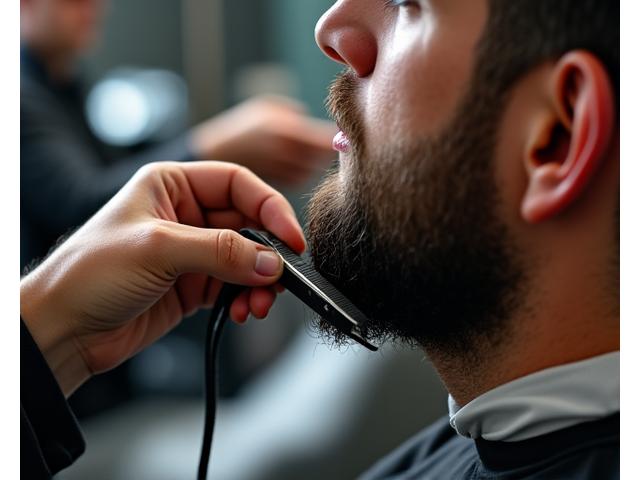 Close-up of a barber using precision tools to meticulously shape and trim a client's beard, focusing on sharp lines.