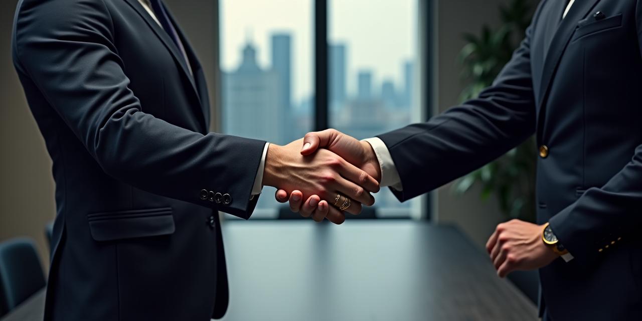 Two men in stylish business attire, shaking hands across a polished table in a modern office, signifying a partnership deal.
