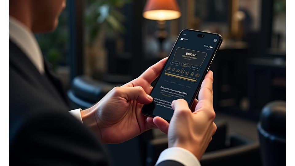 Close-up of a hand interacting with a booking application on a smartphone, with blurred barber tools and salon interior in the background, illustrating the digital interaction and data collection.
